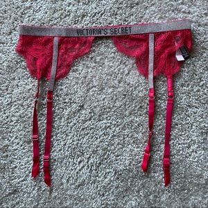 New Victoria’s Secret red shine strap lace garter belt